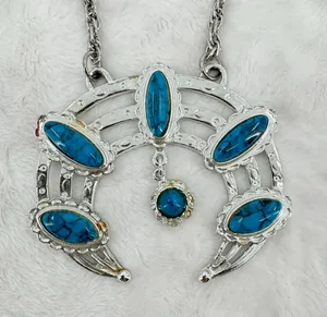 Vintage Silver Tone Turquoise Necklace Crescent Moon Dangle Charm Southwestern thumbnail 1