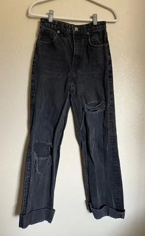 ZARA Cuffed Hem‎ Folded Over High Rise Wide Leg Jeans Sz 4 Black Distressed thumbnail 1