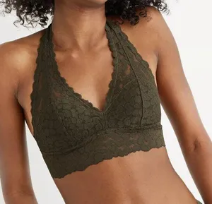 Aerie Animal Lace Padded Halter Bralette Size Small Olive Green Lined thumbnail 1