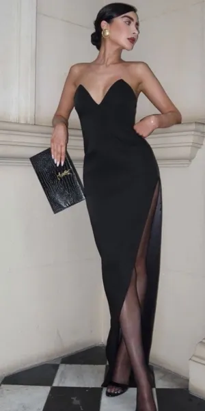 NEW Meshki NATASHA Pointed Corset Maxi Dress Size Large Black Slit Cocktail Gown thumbnail 1