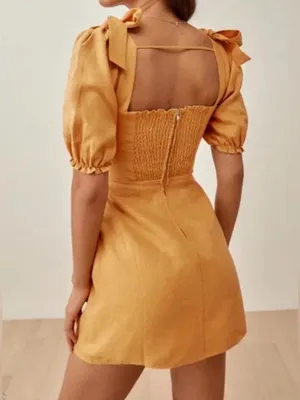 REFORMATION Yellow Ochre Spring Bow Sleeve Linen Mini Dress size 10 NWT thumbnail 4