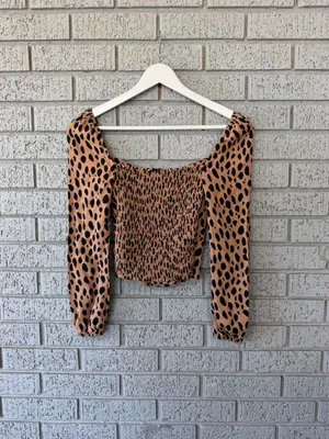 Reformation Reign Top Bobcat Animal Print Size 0 Tan Black Smocked thumbnail 5