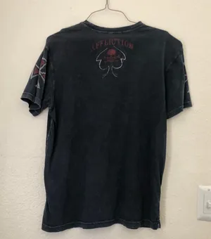Affliction VERY RARE Grey Black Red Faded wash biker motorcycle skull crossbones wings goth grunge punk graphic tee tshirt top American Motor Club Fast Racer #jessepinkman thumbnail 4