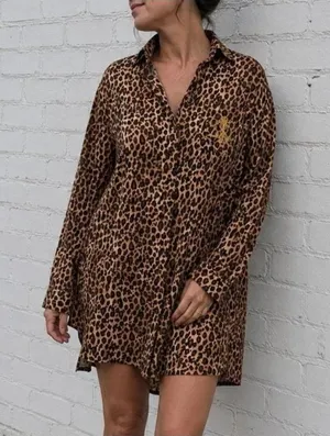 Lauren Ralph Lauren Leopard Print Night Sleep Shirt Size M Pajama 100% Cotton thumbnail 1
