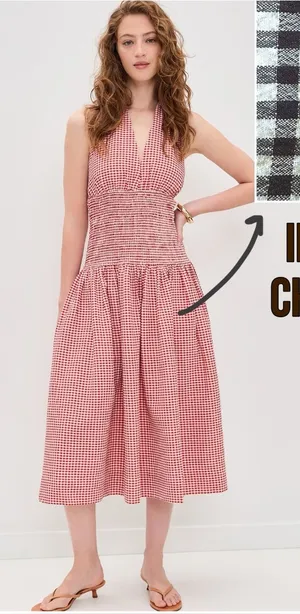 Wayf Brown and White Checkered Halter Midi Dress thumbnail 1