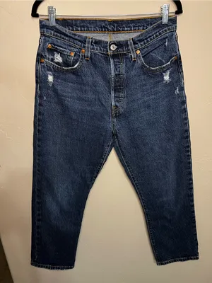 Levi’s 501 Crop High Rise Distressed Straight Leg Button Fly Denim Jeans thumbnail 2