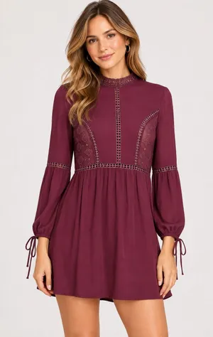 Sage The Label Mini Dress Womens S Burgundy Excellent Boho Lace Embroidered thumbnail 1