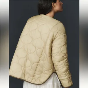 Anthropologie Tan Floral Reversible Quilted Puffer Jacket thumbnail 6