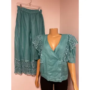 LERMAJ Vintage Teal Linen Blend Two Piece Set Lace Wrap Top Wide Leg Pants M/L thumbnail 3