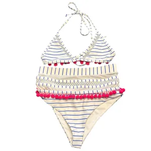 TULAROSA Nina High Waisted‎ Bikini Set Blue White Stripe Pink Pom Poms XS thumbnail 3