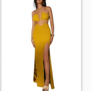 Fashion dress maxi cut out split thigh high halter neck yellow Medium NWT thumbnail 3