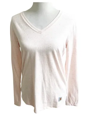 Carhartt Top Women's Medium Pink Speckled Relaxed Fit V-Neck Long Sleeve Classic thumbnail 1