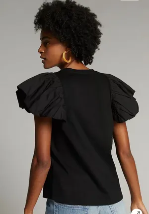 Maeve by Anthropologie Womens Black Flutter Poplin Sleeve Knit Top Medium M thumbnail 1