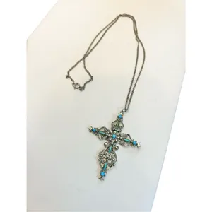 Signed Roma Cross Pendant Necklace Petit Point Faux Turquoise Christian Vintage thumbnail 8