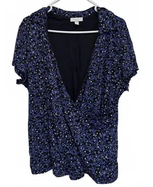 Charter Club Woman Deep V-Neck Blue and Black Pattern Blouse Plus Size 1X thumbnail 1
