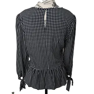 Tommy Hilfiger Womens Navy White Plaid Smocked Peplum Blouse Size L Tie Cuff Top thumbnail 3