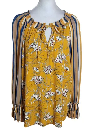 Gigio Mustard Yellow Boho Peasant Blouse Floral and Stripe Print Size Large thumbnail 1