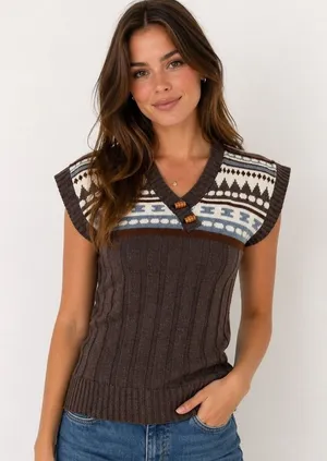 Vintage LEAP Women's Brown Fair Isle Knit V Neck‎ Sleeveless Sweater Vest thumbnail 1