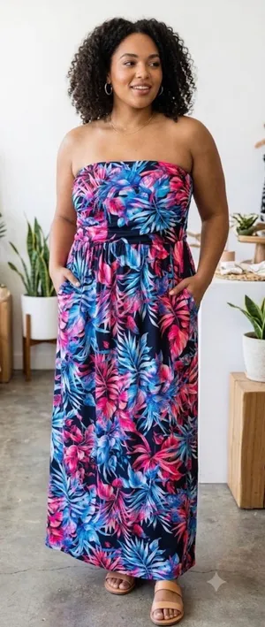 Vanilla Bay Strapless Tropical Maxi Dress - Navy, Pink, Blue thumbnail 1