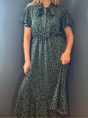 SheIn Rockabilly Green & Black Spotted Bow Neckline Flutter Sleeve Dress size Large thumbnail 4