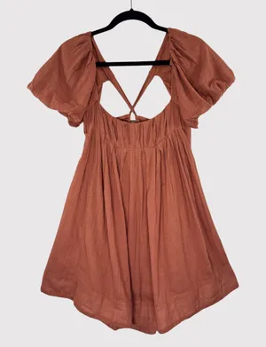 Free People Women Dress Brown Marina Mini Puffed Tie Back A Line Boho Chic Small thumbnail 1