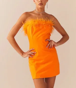 Peppermayo strapless feather dress mini bodycon tangerine neon starlight dancer thumbnail 1