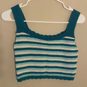 Wild Fable Crochet Blue Striped Crop Top thumbnail 1