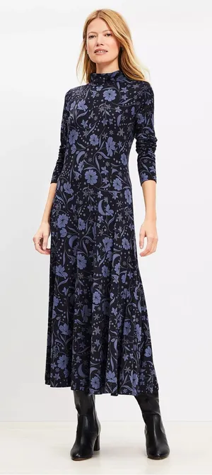 Loft Floral Snowflake Mock Neck Long Sleeve Maxi Dress Blue XS Winter Chic Boho thumbnail 1