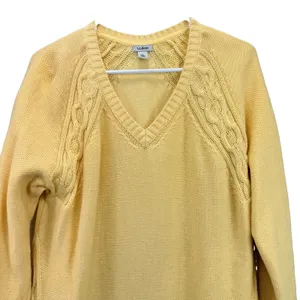 LL Bean Yellow Double L Mixed Cable V Neck Pullover Cotton Sweater LARGE Size XL thumbnail 4