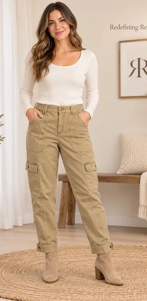 Knox Rose Women Tan Khaki Utility Cargo Pants High Rise Straight Leg Size Small thumbnail 1