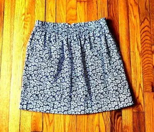 J.Crew NWOT Women's Linen Navy Blue White Yellow Floral Elastic Waist Skirt 12 thumbnail 1