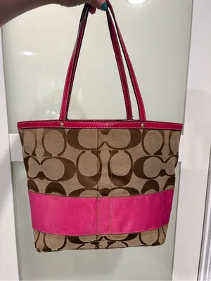 Vintage Coach Reversible Stripe Tote Bag Khaki Pink Canvas with Leather Trim thumbnail 10