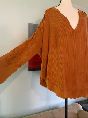 We The Free Womens Brown Ribbed Knit V-Neck Dolman Sleeve waffle Sweater Size L thumbnail 3