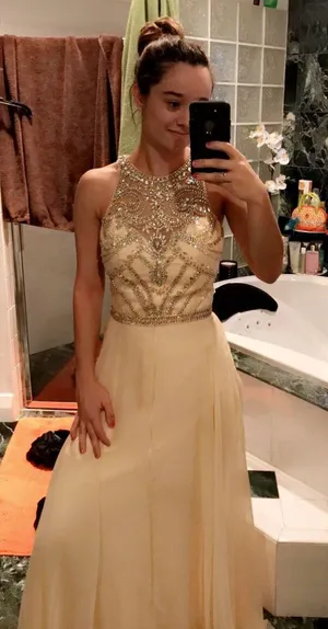 Tony Bowls Champagne beaded designer prom dress thumbnail 1