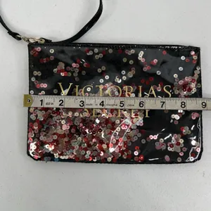 Victoria's Secret Wristlet Pouch Black Sequin Floating Logo Glam Makeup Bag thumbnail 7