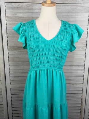 BY THE RIVER (Anthropologie) Boho Smocked Tiered Hem Maxi Dress Emerald Green-L thumbnail 2
