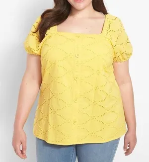 Lane Bryant 16 Eyelet Blouse Bright Yellow Cotton thumbnail 1