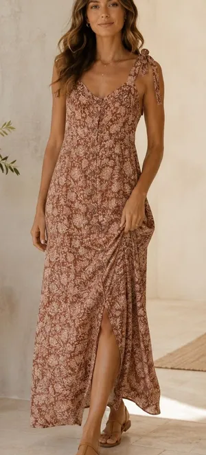 Faherty Kendall Palms Linen Maxi Dress Women’s Small Brown Tie Strap Button thumbnail 1