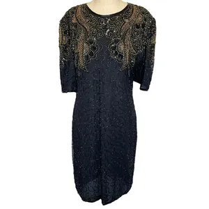 Vintage Black & Gold Silk Beadwork Cocktail Dress Open Back 80s Evening Party thumbnail 3