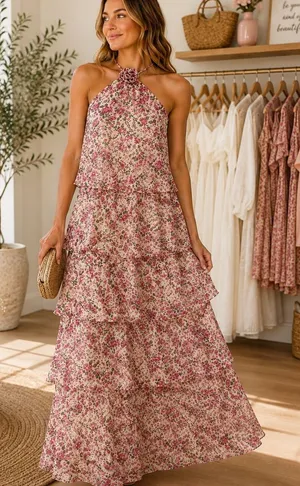Vero Moda Felicia Halter Maxi Dress L Pink Floral Autumn Wedding Guest thumbnail 1