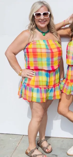 Womens Plaid Strapless Romper Size L thumbnail 1
