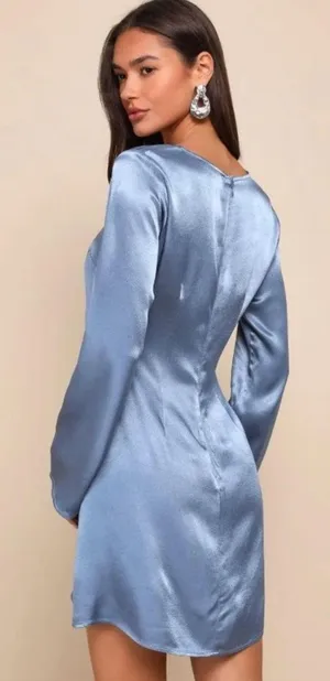 Lulu’s satin blue long sleeve dress thumbnail 2