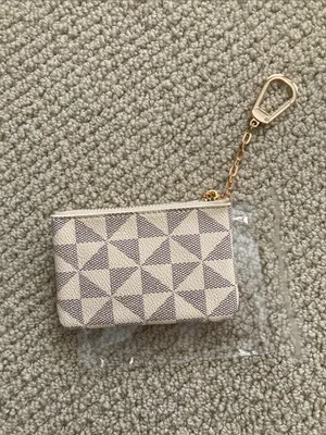 NEW Geometric Monogram Style Print Bag Charm Coin Pouch Gold Keychain Mini NIB thumbnail 1