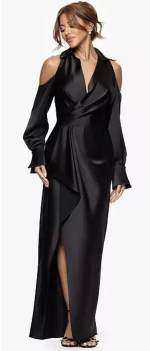 Xscape Women's V-Neck Long Sleeve Ball Gown Size 4 Satin Collared Cuffed thumbnail 1