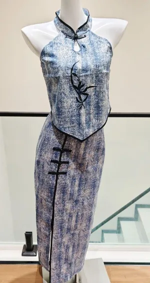 Women Two Piece Cheongsam Outfit Halter Neck Top & Midi Skirt Set Embroidery Frog Button Slit Skirt thumbnail 1