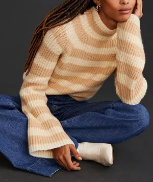 Maeve x Anthropologie Mock Neck Striped Sweater Bell Sleeve Size XS thumbnail 1