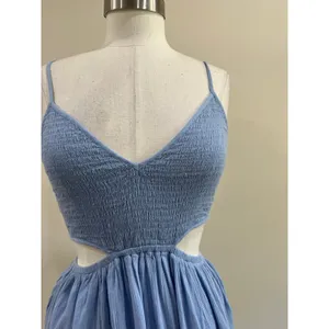 Aerie Blue Smocked Mini Dress Cutout Cotton‎ Blend Casual Size Medium thumbnail 4