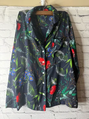 Aerie Navy Floral Button-Up Top with Red & Green Accents size small thumbnail 1
