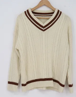 Unbranded Sweater Womens M V-Neck Cable Knit Cream Brown Preppy Excellent thumbnail 1