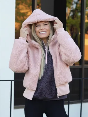 Fabletics Pale Pink Sherpa Teddy Full-Zip Hoodie Jacket - Size Large thumbnail 1
